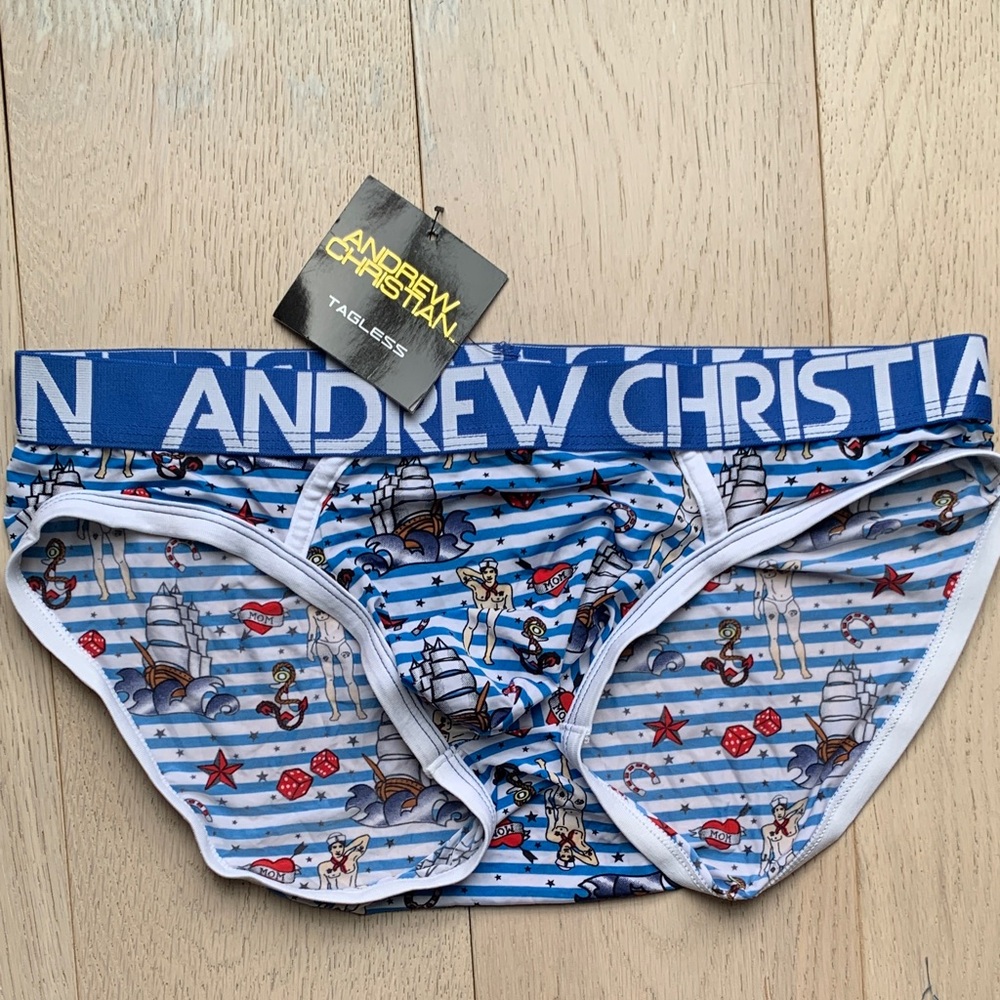 Andrew Christian Blue and White Striped Nautical Swim Briefs